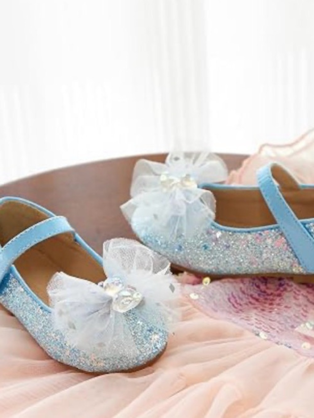 Girls Sparkle Blue Mary Jane Ballet Flats with Tulle Bow